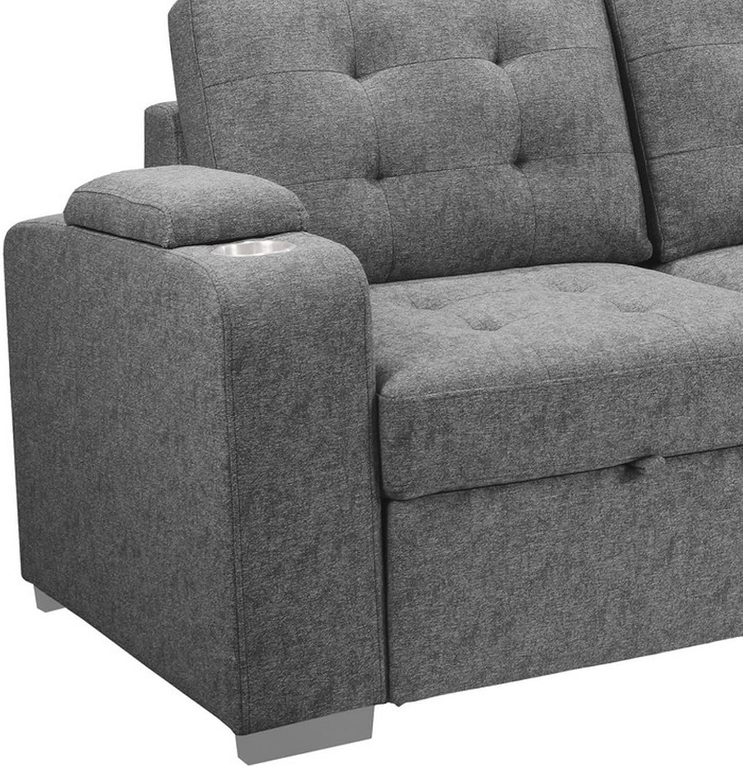 Benjara 120 Inch Sleeper Sectional Sofa Bed with Storage, Modern Tufted Gray Fabric